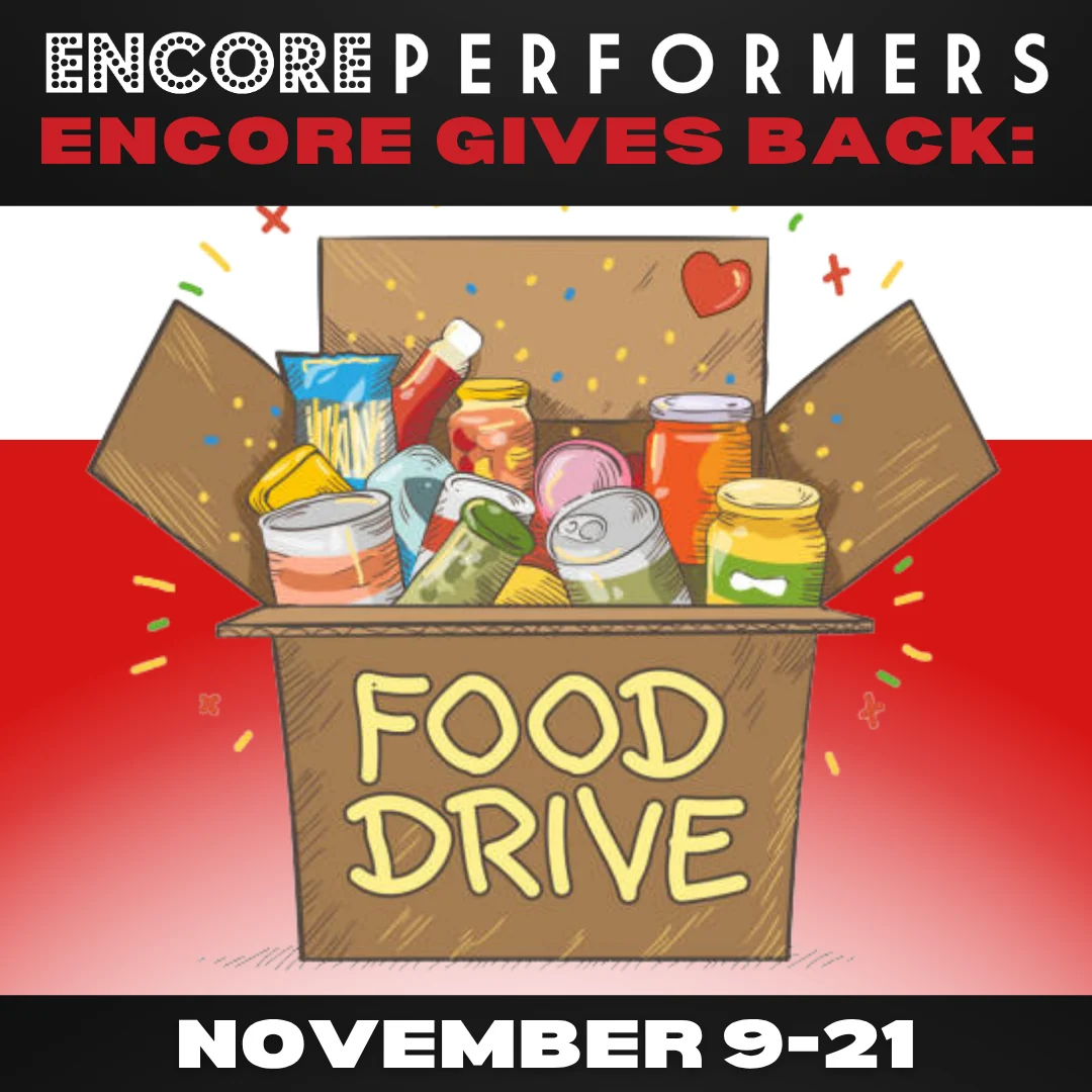 Encore Gives Back food drive poster: an illustrated cardboard box overflowing with canned and packaged food, November 9-21