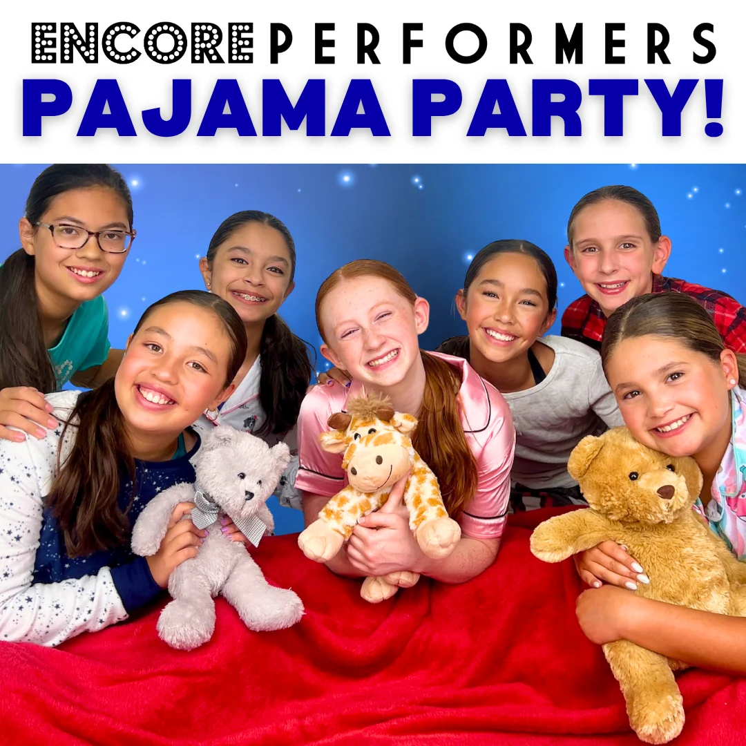 Encore Performers Pajama Party poster: six smiling dancers in pajamas holding stuffed animals on a red blanket