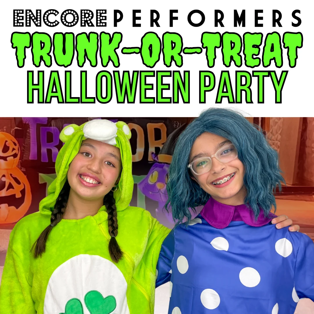 Encore Performers Trunk-or-Treat Halloween Party poster: two dancers in costume, a green bear onesie and a blue wig with a polka-dot dress