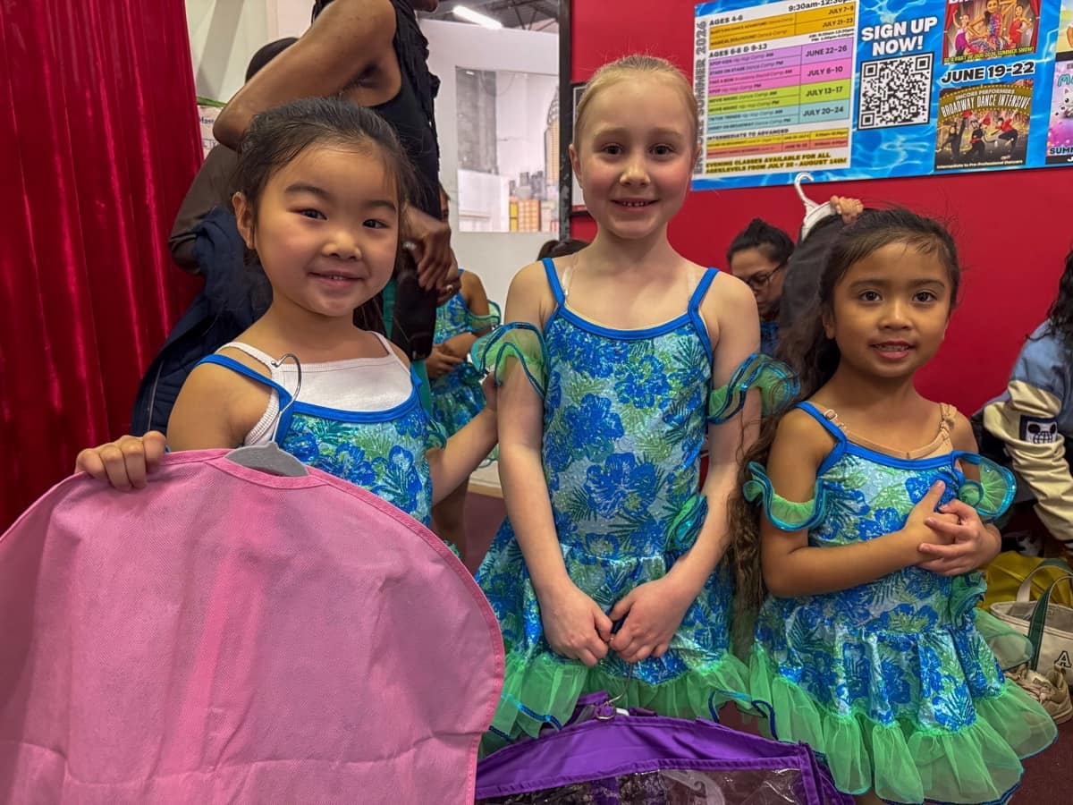 Young dancers in blue and green costumes waiting backstage