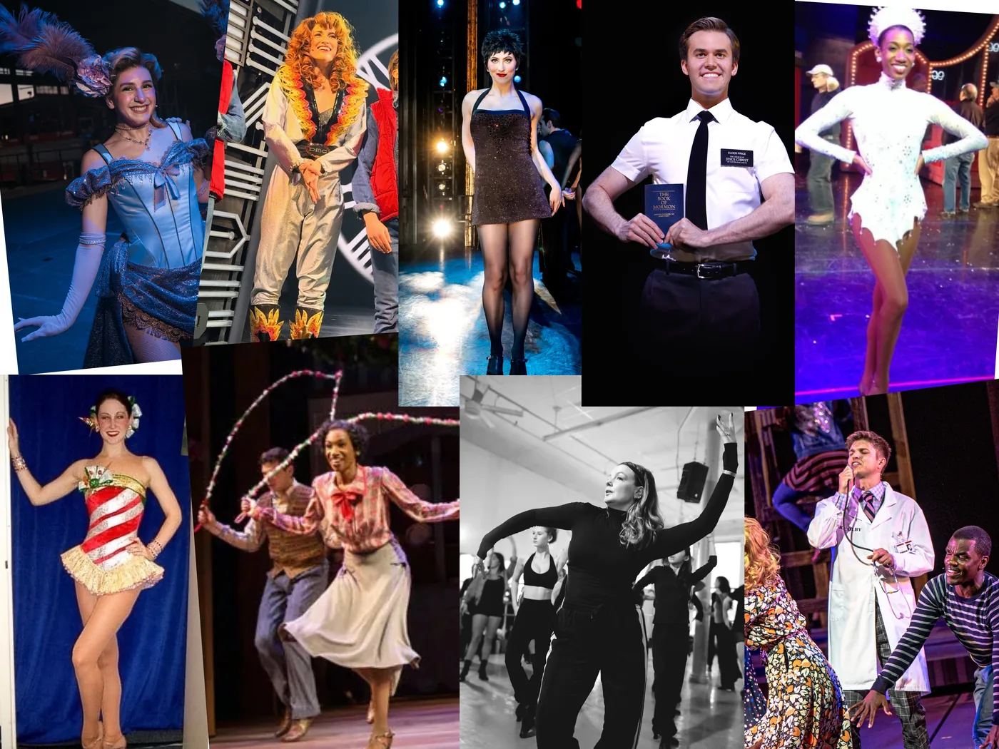 A collage of Encore alumni performing on Broadway and with the Radio City Rockettes