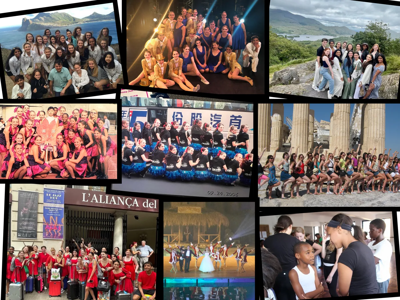 A collage of Encore dancers performing and sightseeing on international tours