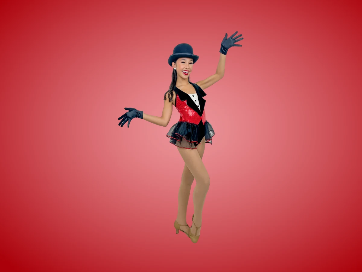 Encore dancer in a red and black top hat costume posing in a jazz stance