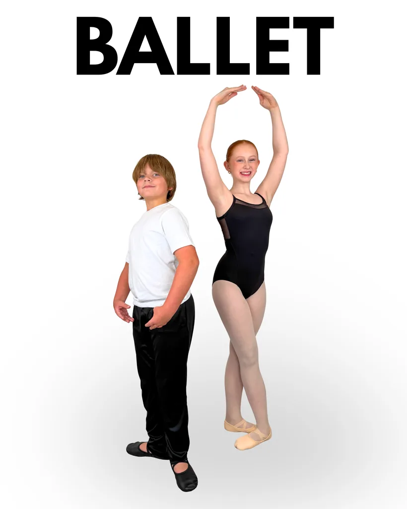 Ballet dress: a girl in a black leotard and pink tights with pink ballet shoes, and a boy in a white t-shirt, black trousers and black ballet shoes
