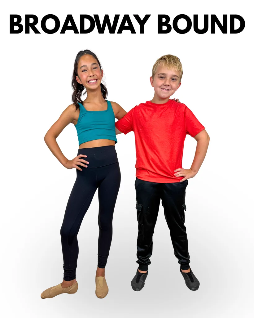 Broadway Bound dress: a girl in a teal crop top and black leggings with tan jazz shoes, and a boy in a red t-shirt, black trousers and black jazz shoes
