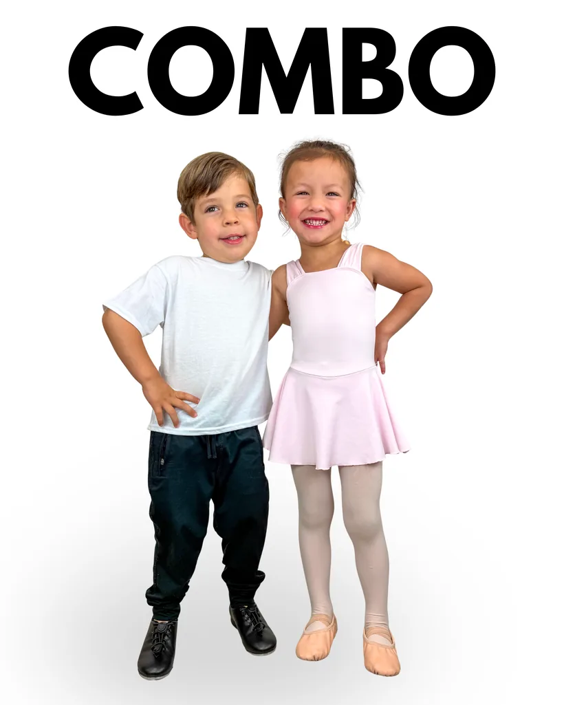 Combo class dress: a girl in a pale pink leotard, skirt and tights with pink ballet shoes, and a boy in a white t-shirt, black trousers and black ballet shoes