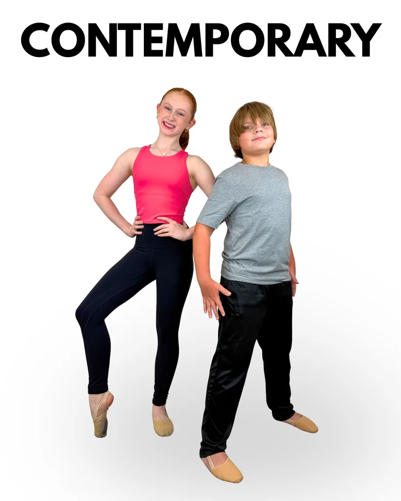 Contemporary dress: a girl in a pink top and black leggings dancing barefoot, and a boy in a grey t-shirt and black trousers