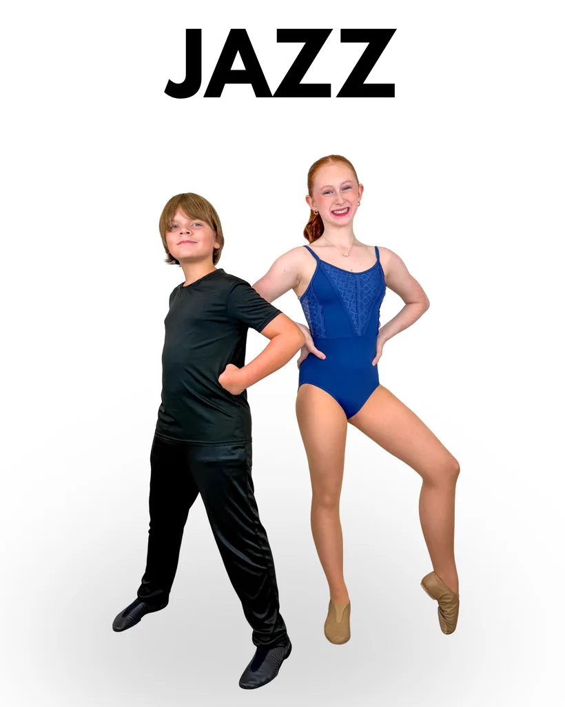 Jazz dress: a girl in a royal blue leotard with black leggings and tan jazz shoes, and a boy in a black t-shirt, black trousers and black jazz shoes