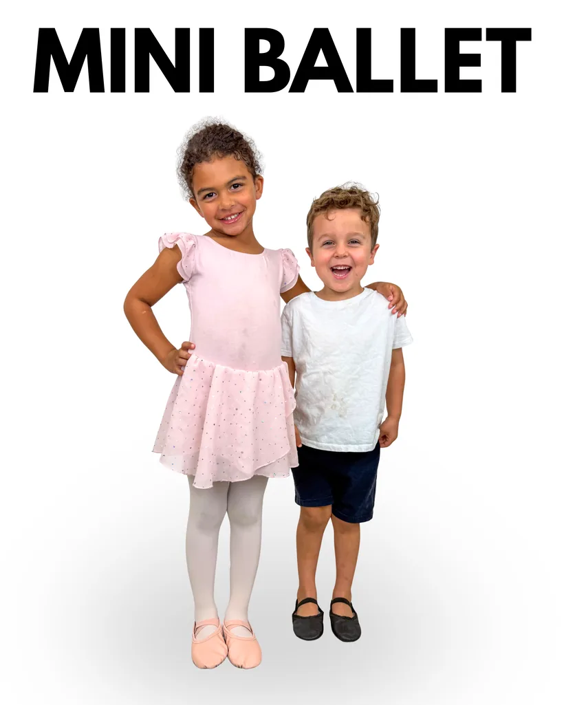 Mini Ballet dress: a girl in a pale pink leotard, skirt and tights with pink ballet shoes, and a boy in a white t-shirt, black shorts and black ballet shoes