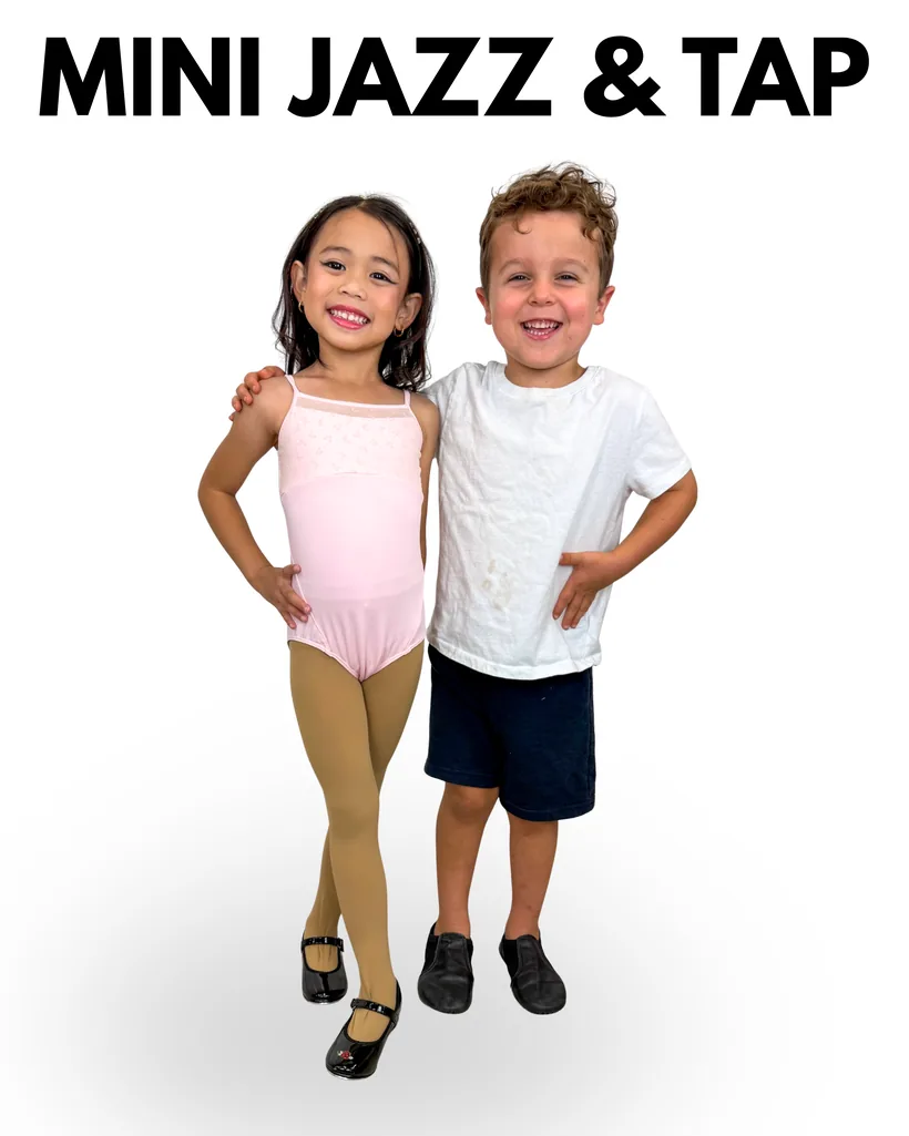 Mini Jazz and Tap dress: a girl in a pale pink leotard and tan tights with black Mary Jane tap shoes, and a boy in a white t-shirt, dark shorts and black jazz shoes