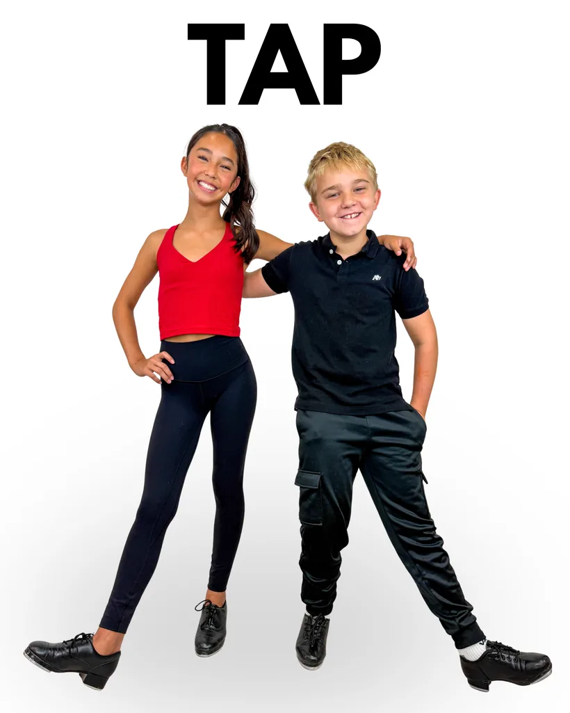 Tap dress: a girl in a red top and black leggings with black tap shoes, and a boy in a black polo, black trousers and black tap shoes